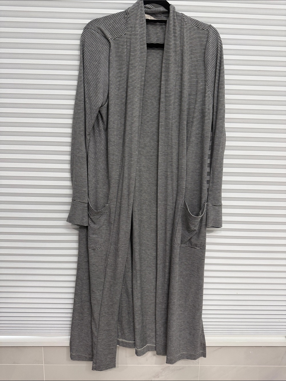 LOFT Gray and Black Striped Open-Front Cardigan